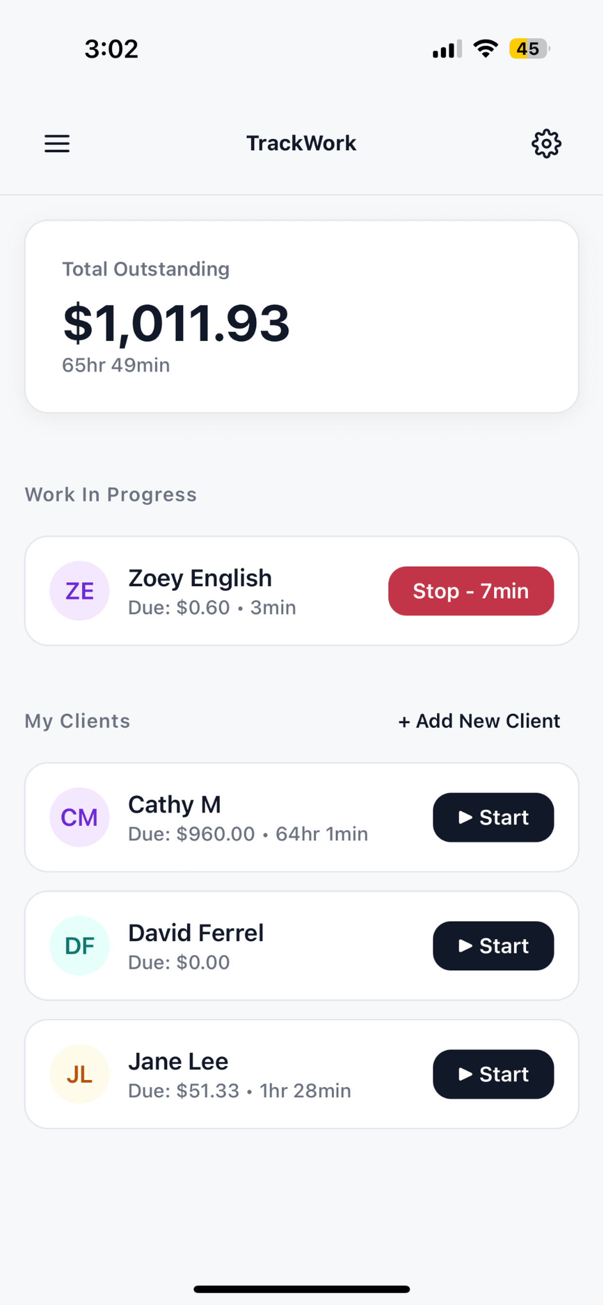 TrackWork session controls