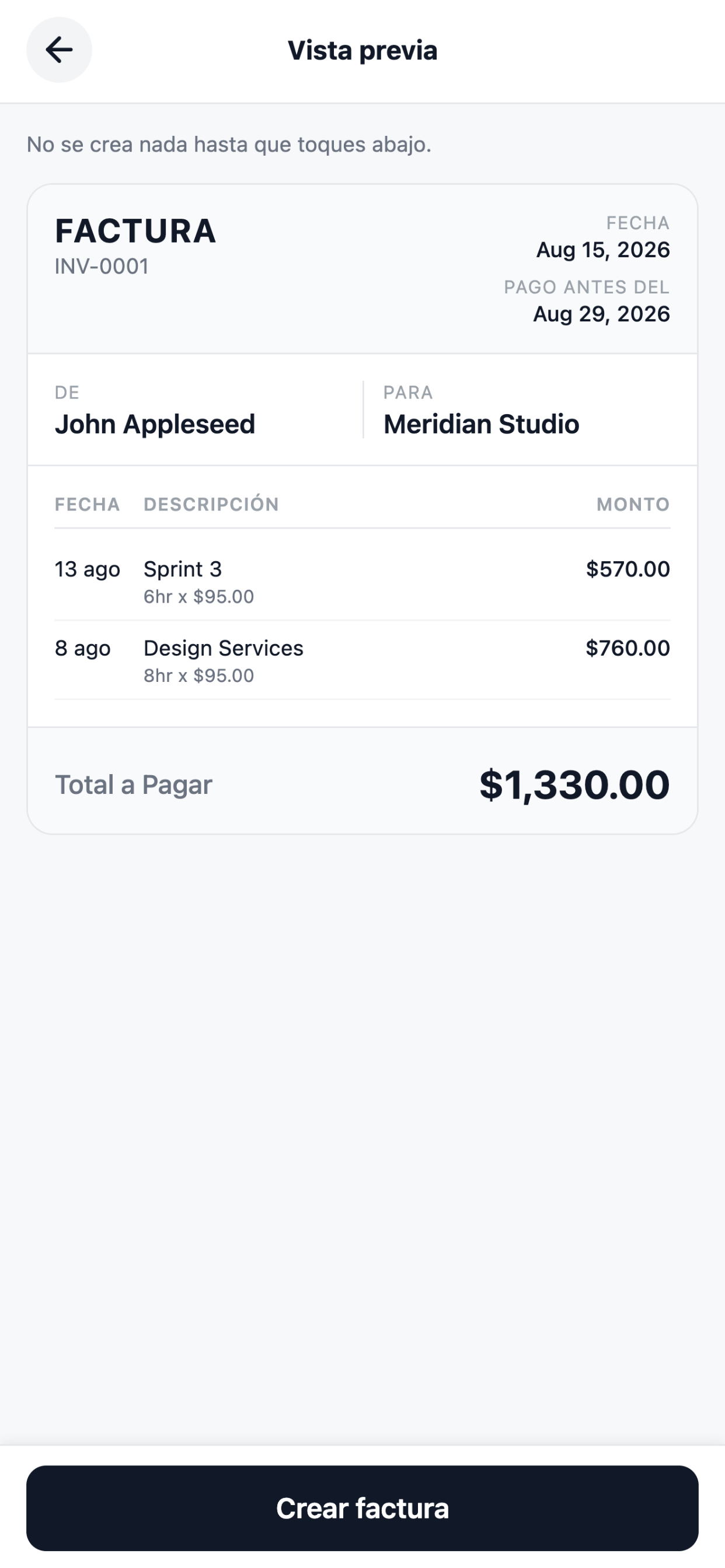 The invoice preview in Spanish: FACTURA, Vista previa, Total a Pagar, Crear factura