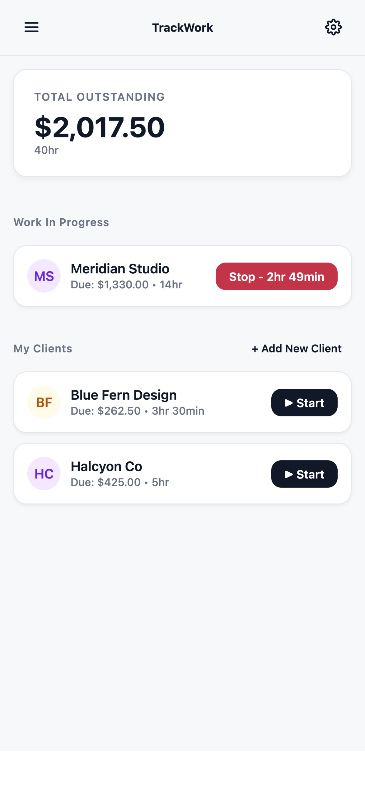 Tracked hours and amounts owed per client
