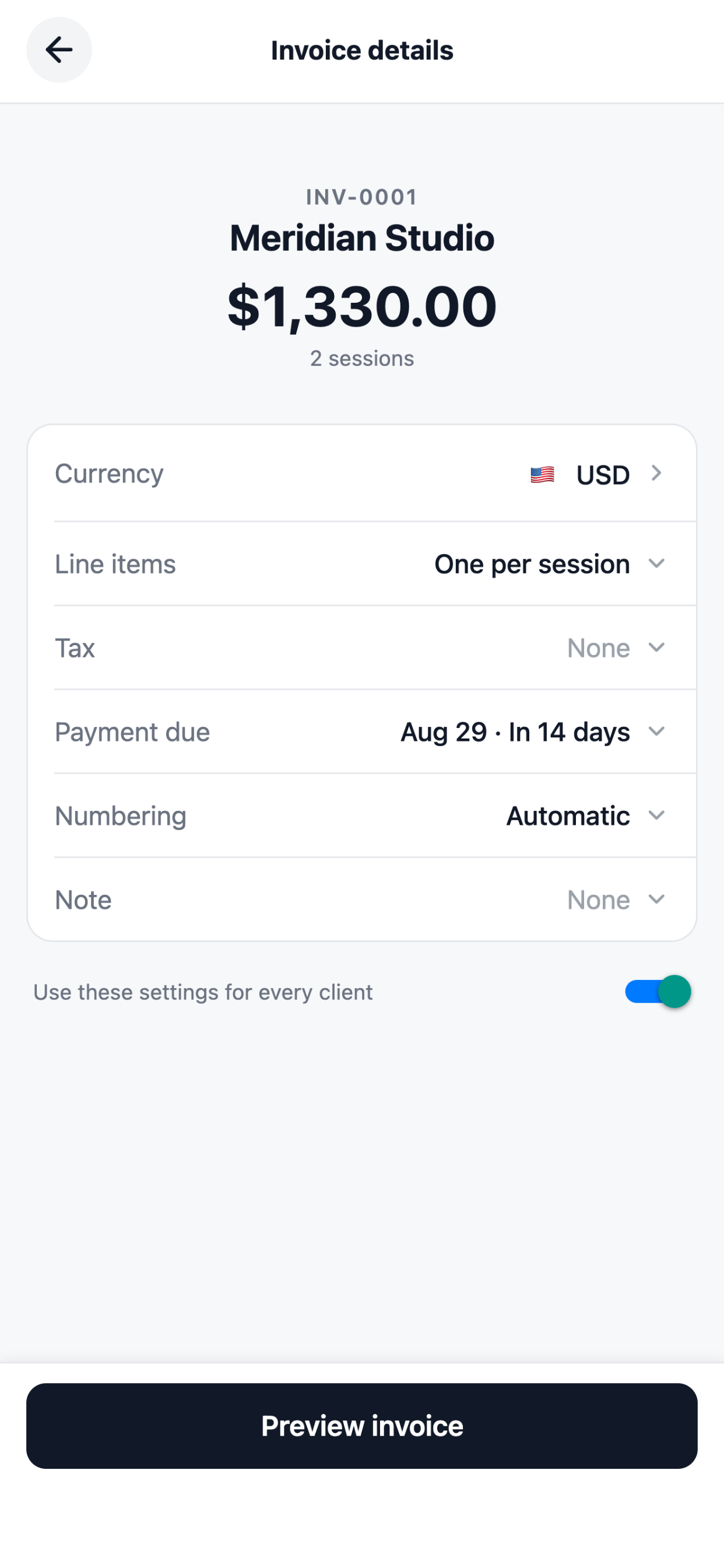 Invoice settings for currency, tax and numbering