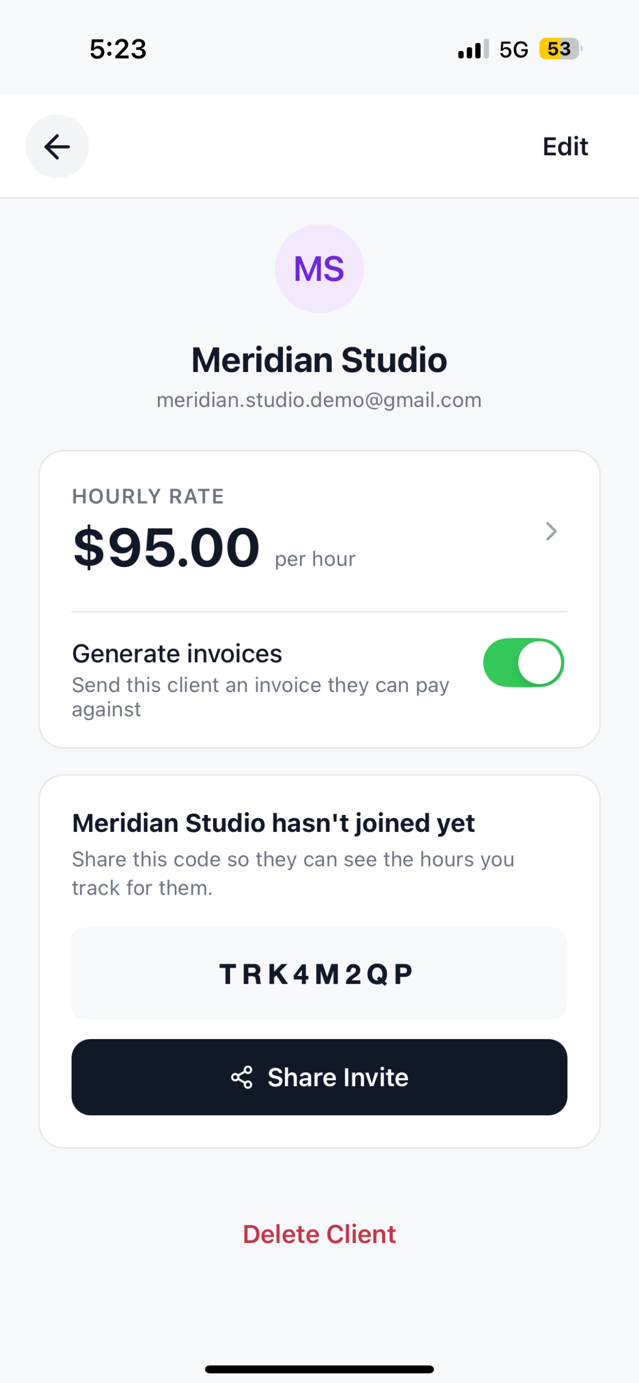 Sending a client their invoice link