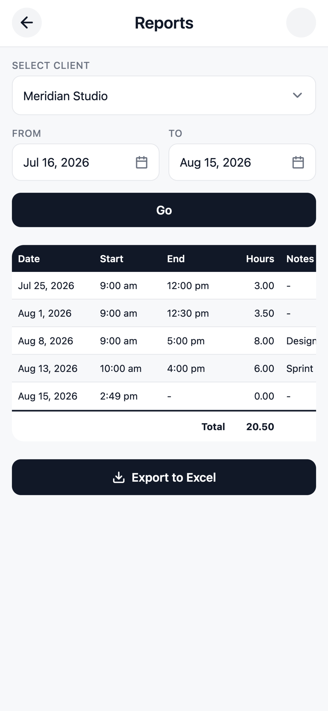 Exporting a timesheet to a spreadsheet