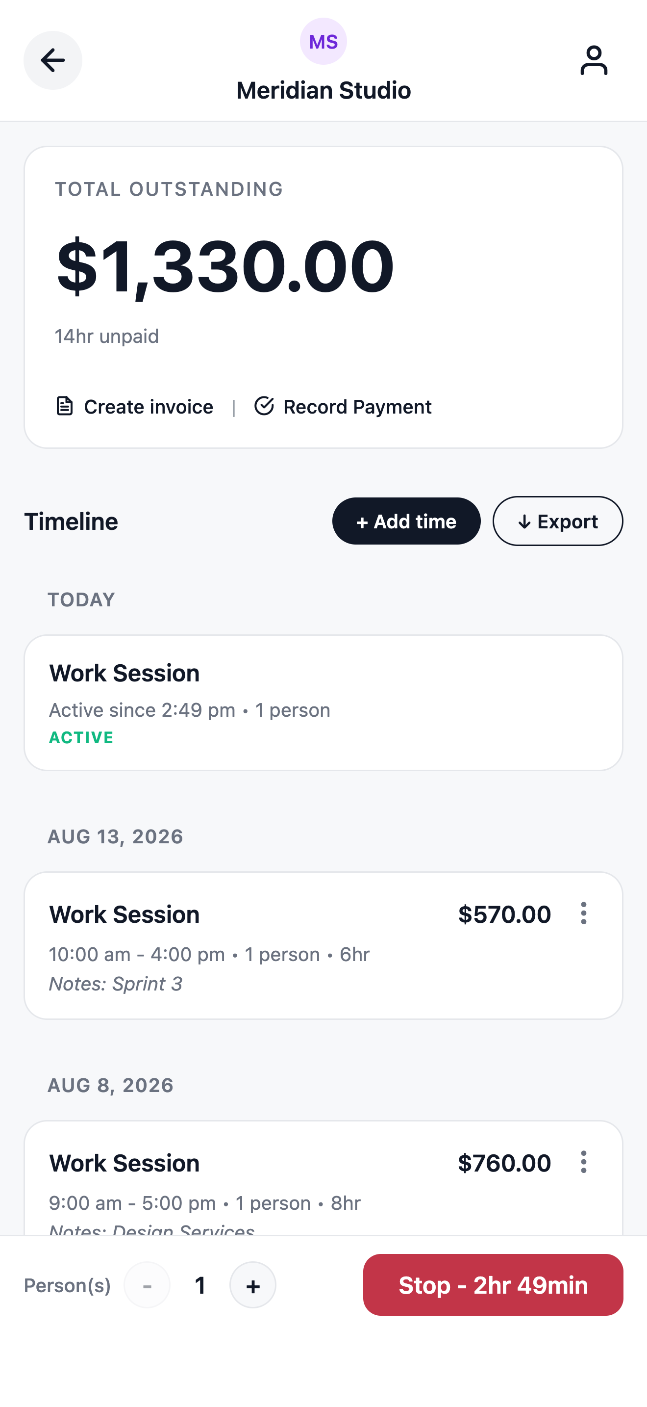 Meridian Studio client screen: $1,330 outstanding, a timer running at 2hr 49min, and a timeline of sessions with notes