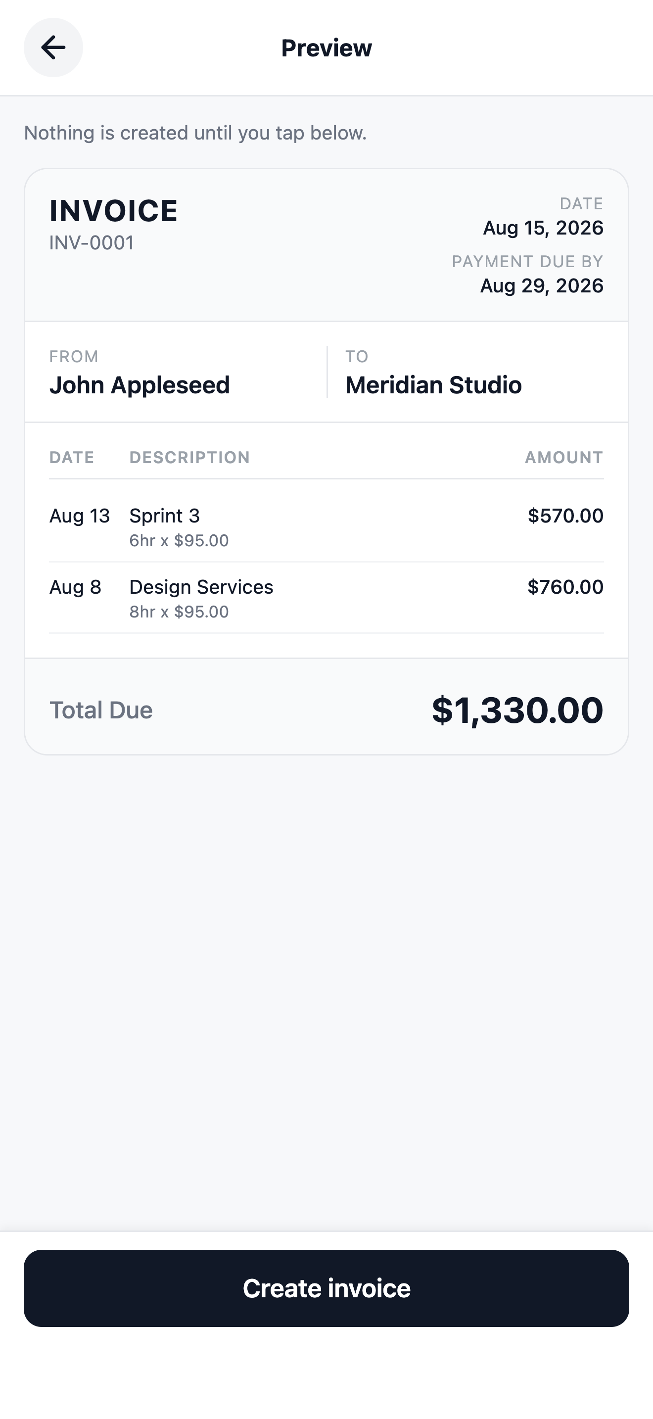 The finished invoice INV-0001 for $1,330, with Sprint 3 at 6hr and Design Services at 8hr