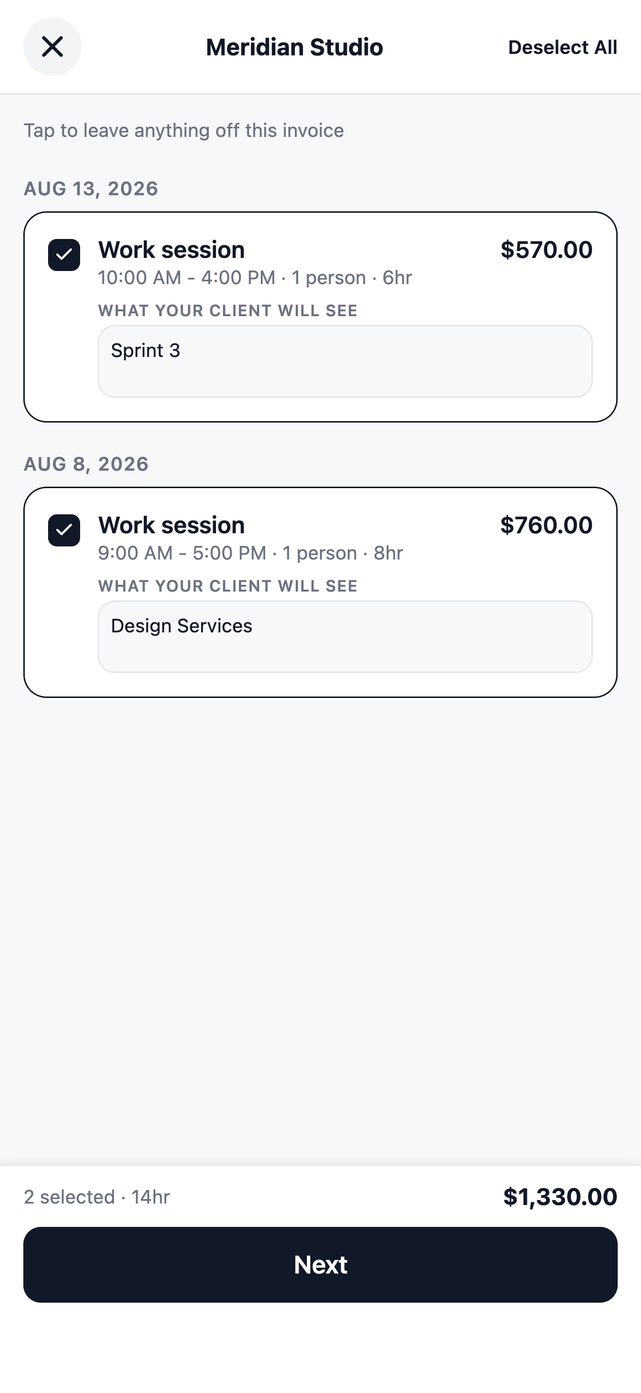 Session picker with two sessions selected, each showing an editable field headed What your client will see